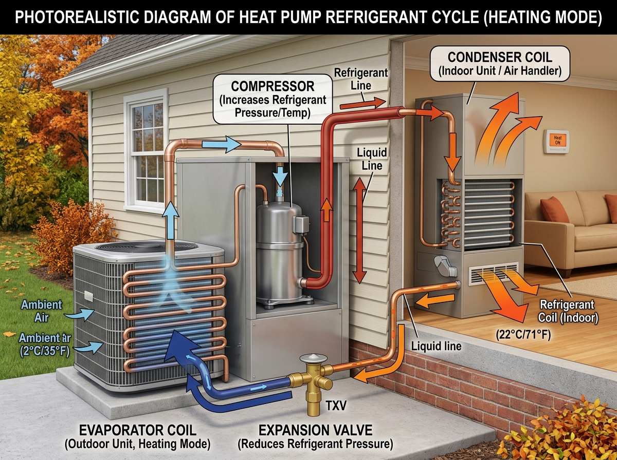 The refrigerant cycle: Evaporator, Compressor, Condenser, Expansion Valve - heat pumps explained