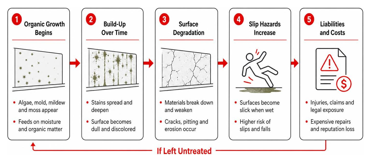 Diagram showing how organic growth leads to surface degradation and slip liabilities if left untreated