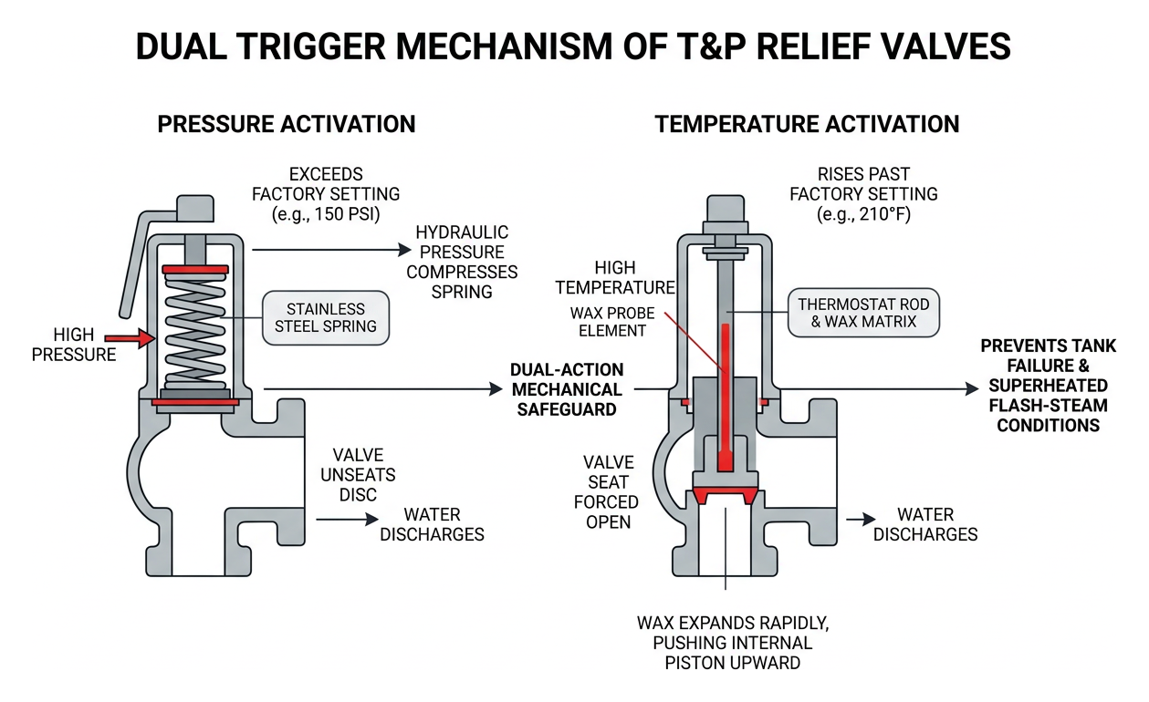 dual trigger mechanism of temperature and pressure relief valves