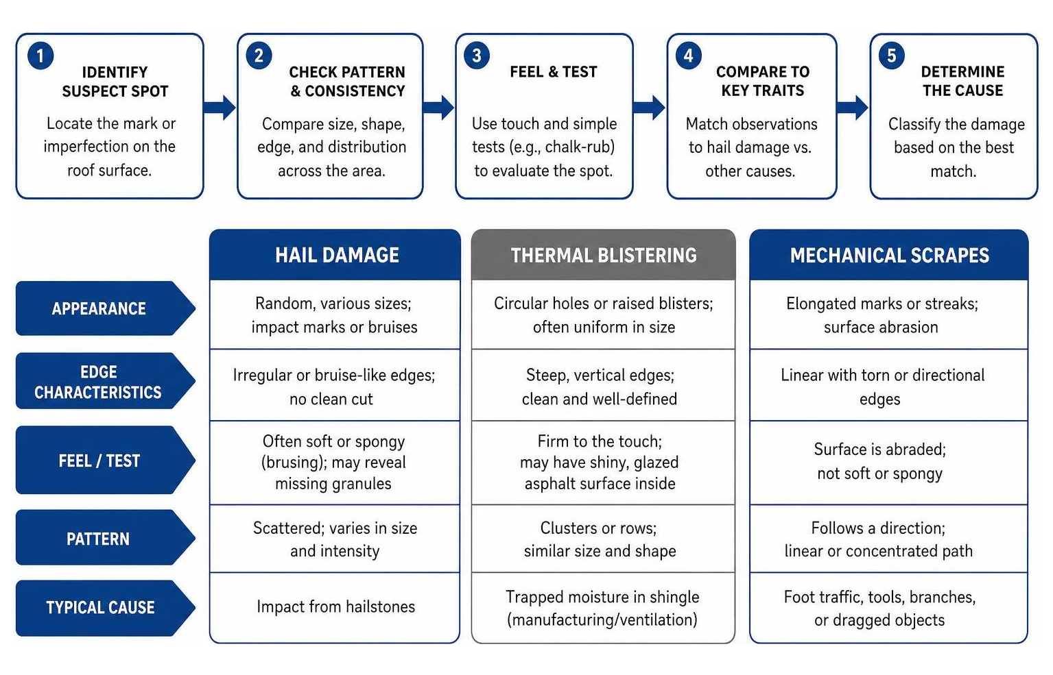 Process of distinguishing hail damage from blistering and mechanical scrapes Process of distinguishing hail damage from blistering and mechanical scrapes
