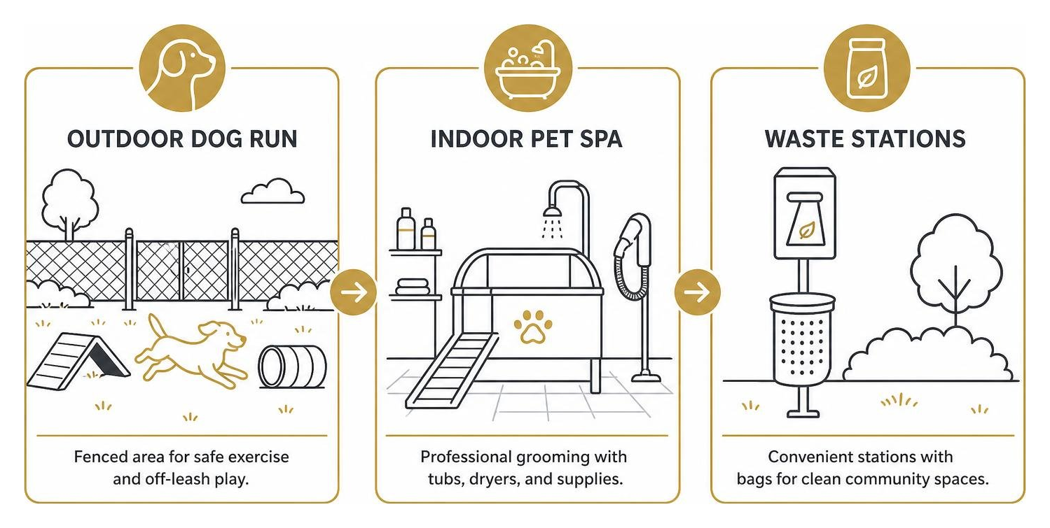 Pet amenities features comparison showing outdoor dog run, indoor pet spa, and waste stations Pet amenities features comparison showing outdoor dog run, indoor pet spa, and waste stations