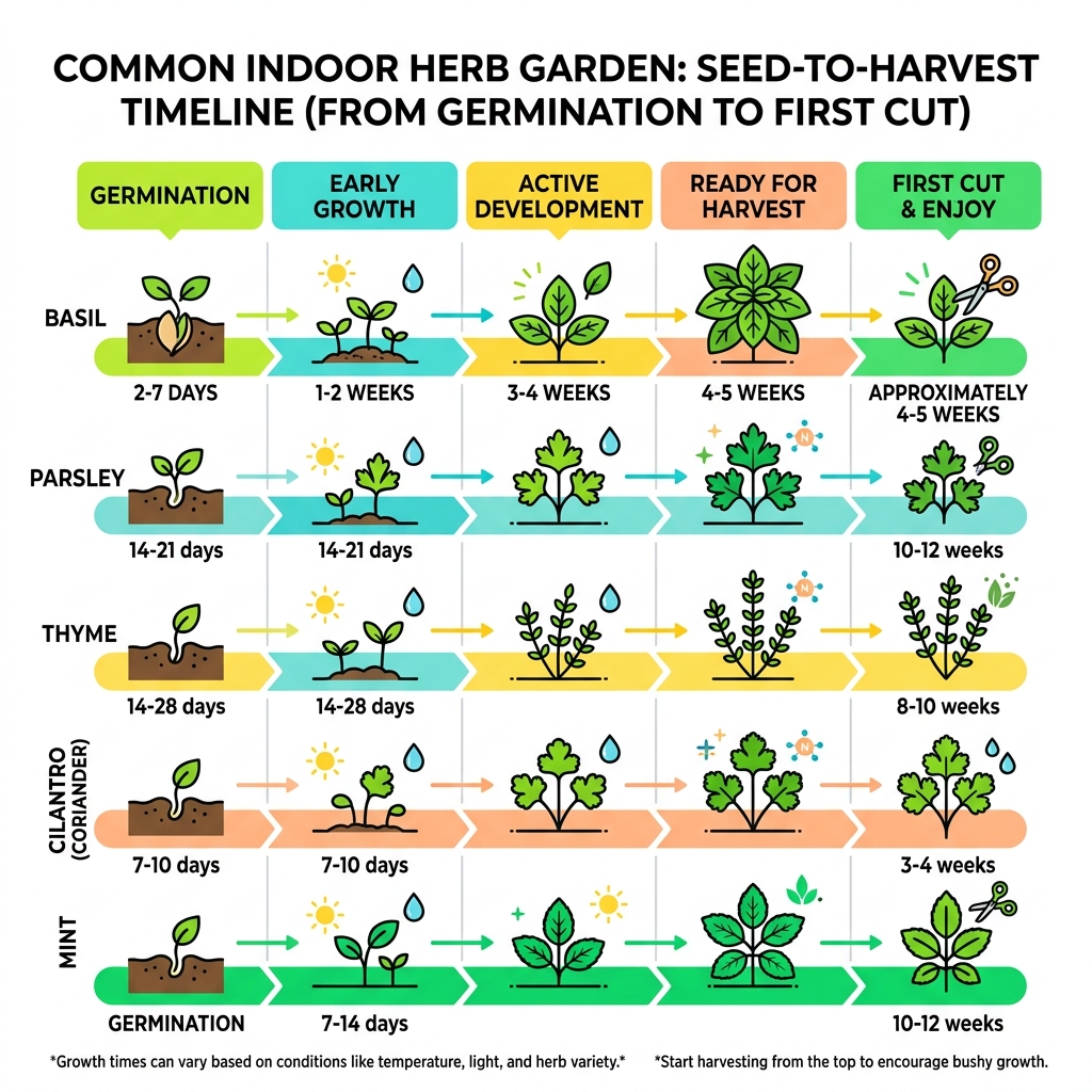 Infographic showing seed-to-harvest timeline for common indoor herbs from germination to first cut - herb garden starter kit Infographic showing seed-to-harvest timeline for common indoor herbs from germination to first cut - herb garden starter kit