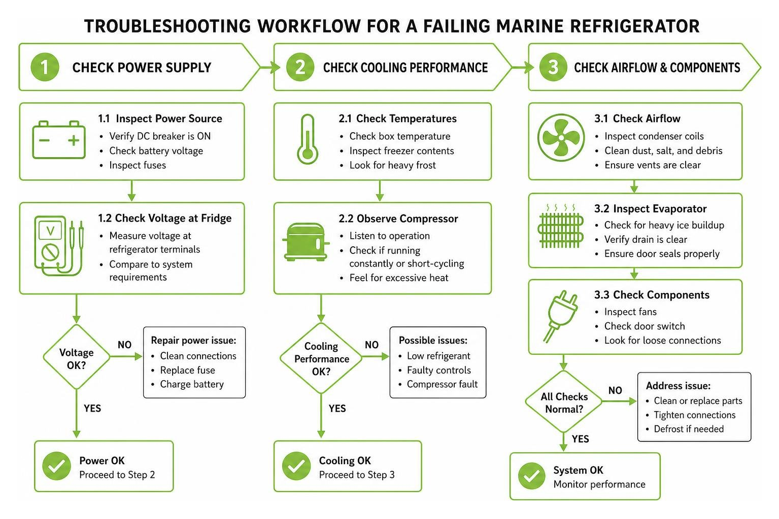 Troubleshooting workflow for a failing marine refrigerator Troubleshooting workflow for a failing marine refrigerator