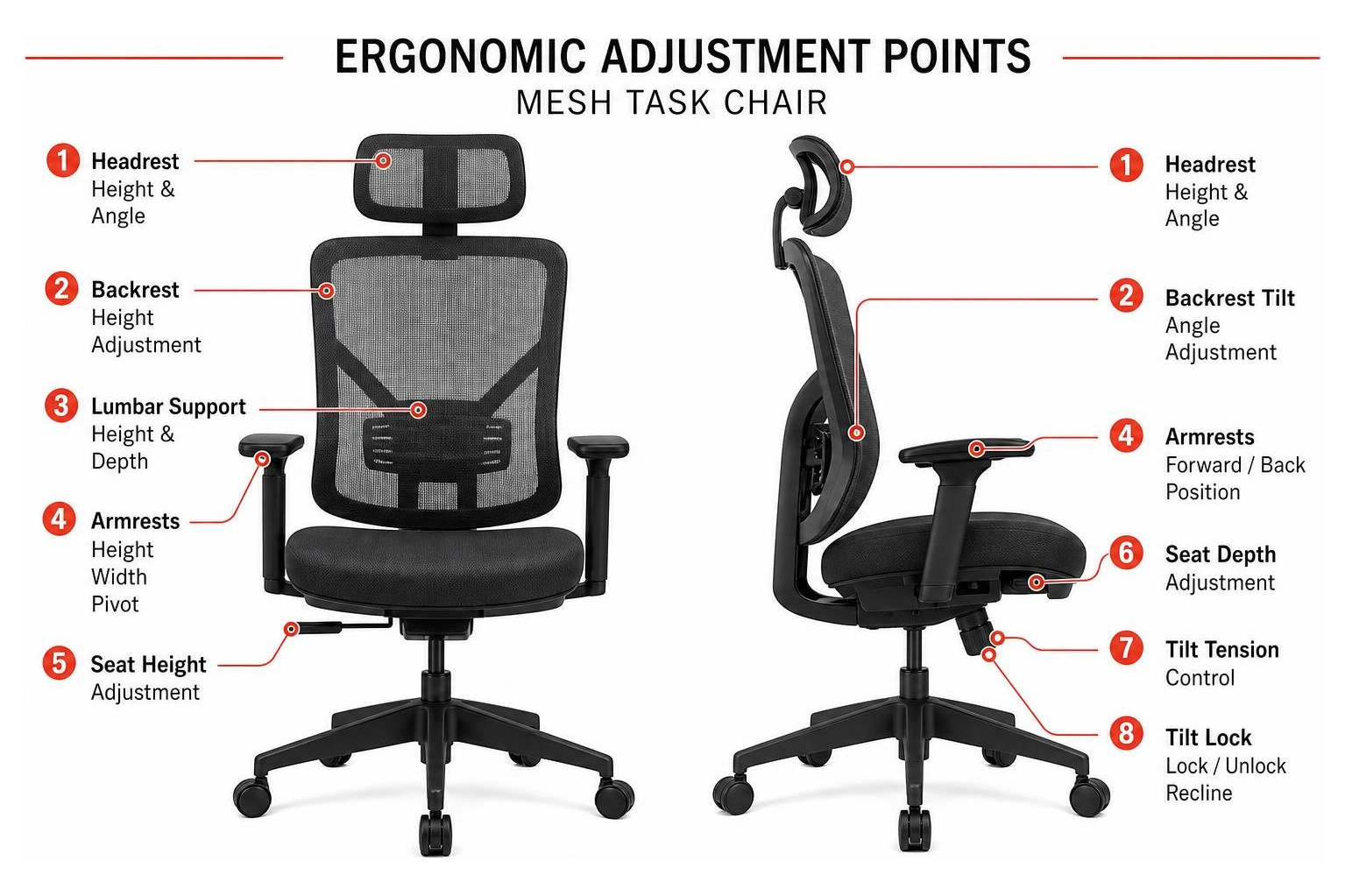diagram of ergonomic adjustment points for a mesh task chair