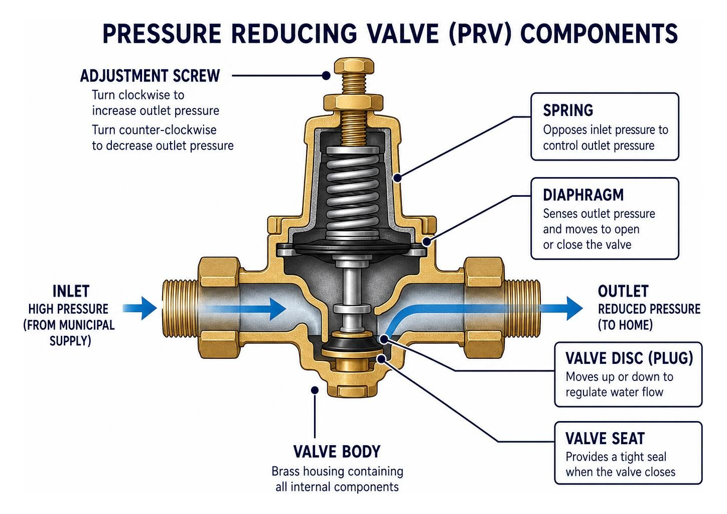 diagram illustrating pressure reducing valve components and adjustment screw diagram illustrating pressure reducing valve components and adjustment screw