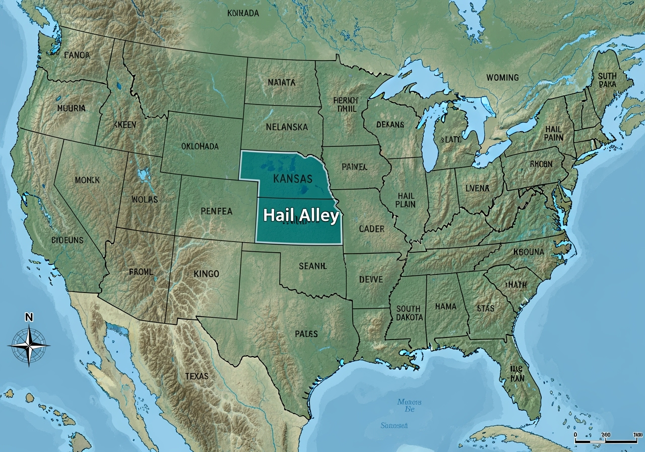 map of the United States highlighting the 'Hail Alley' region - does hail damage claim raise auto insurance rates