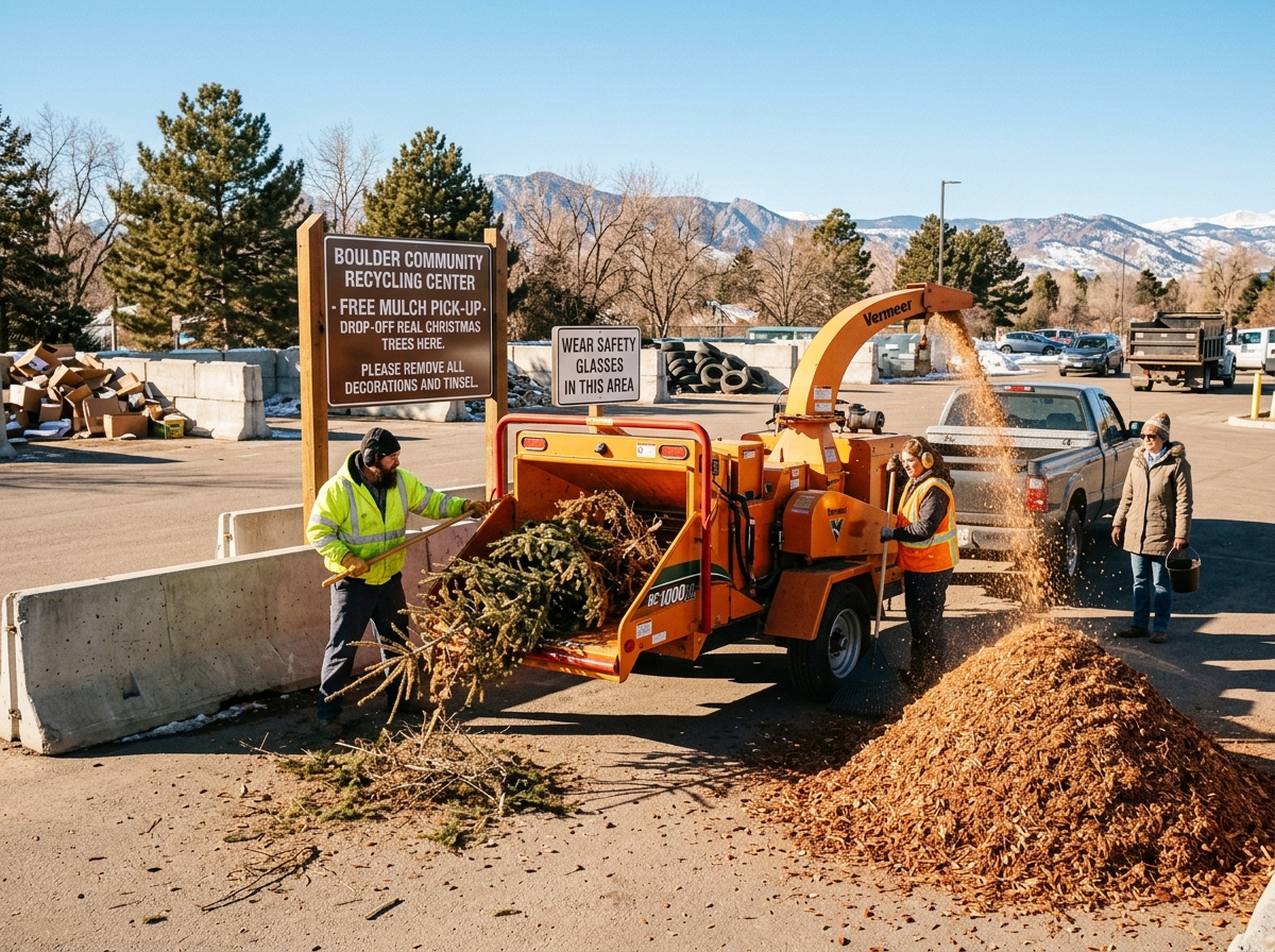 A real Christmas tree being recycled into mulch - recycled holiday decorations
