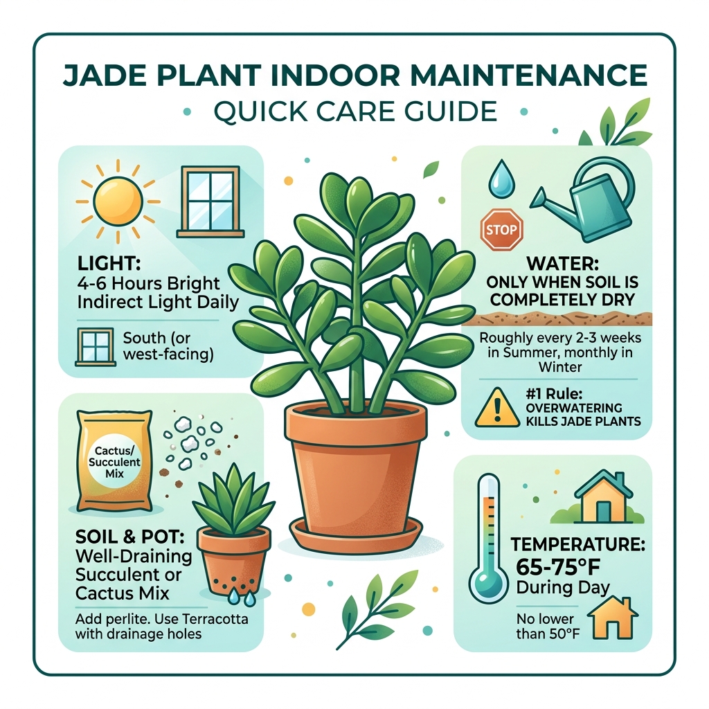 Jade plant indoor maintenance quick care infographic with light, water, soil, and temperature tips - jade plant indoor