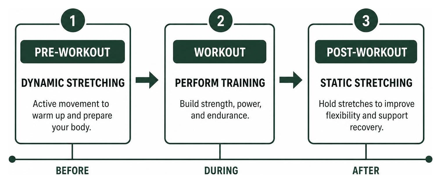 Diagram explaining the timeline of stretching from pre-workout dynamic to post-workout static Diagram explaining the timeline of stretching from pre-workout dynamic to post-workout static