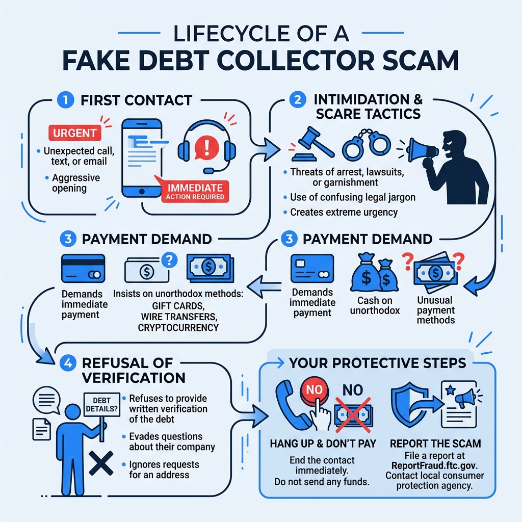 Lifecycle of a fake debt collector scam from first contact to payment demand and reporting steps - fake debt collector scam Lifecycle of a fake debt collector scam from first contact to payment demand and reporting steps - fake debt collector scam