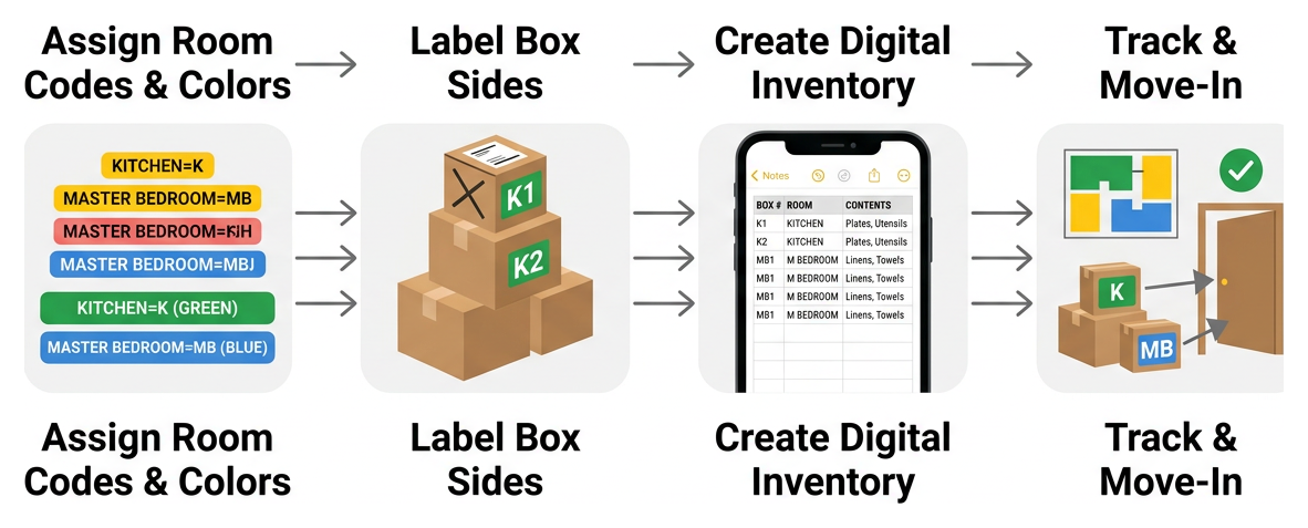 Color-coded box labeling and digital tracking workflow Color-coded box labeling and digital tracking workflow