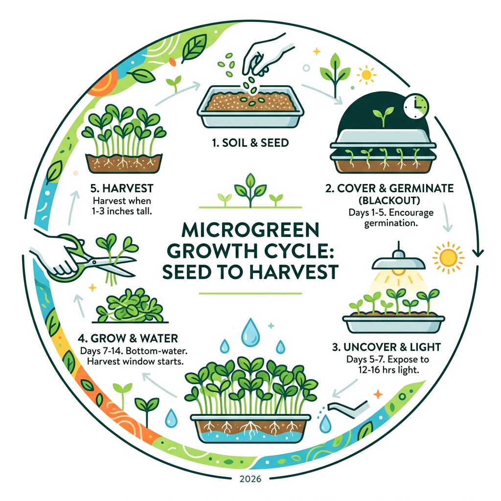 Microgreen growth cycle from seed to harvest infographic - best way to grow microgreens indoors infographic Microgreen growth cycle from seed to harvest infographic - best way to grow microgreens indoors infographic