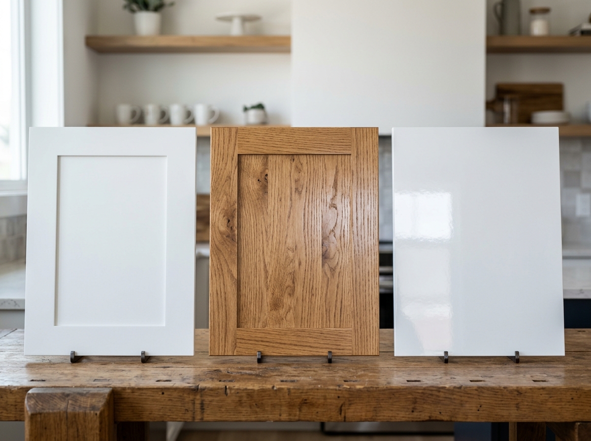Comparison of different cabinet finishes including painted white shaker, stained oak, and high-gloss thermofoil - 10x10 Comparison of different cabinet finishes including painted white shaker, stained oak, and high-gloss thermofoil - 10x10