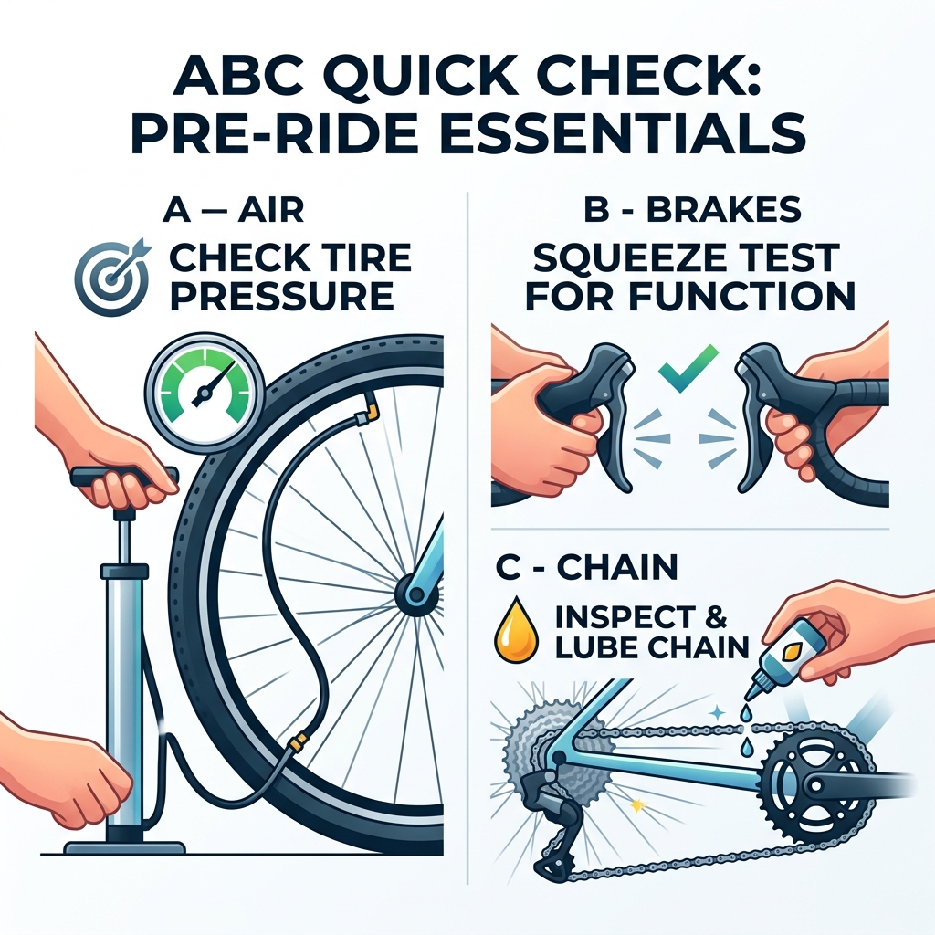 ABC Quick Check infographic showing Air tire pressure check, Brakes squeeze test, Chain lube inspection - bike repair