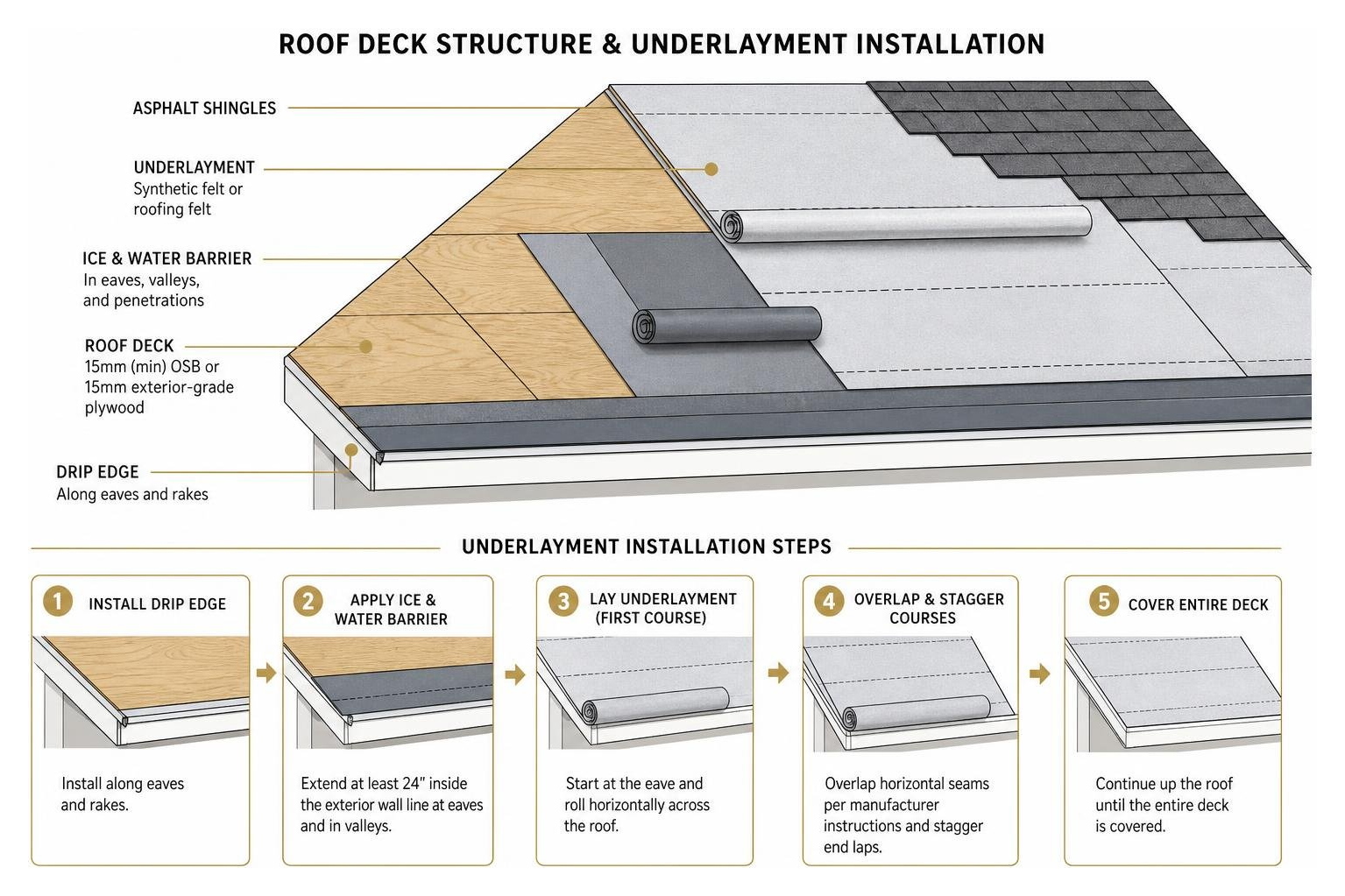 Roof deck structure and underlayment installation diagram Roof deck structure and underlayment installation diagram