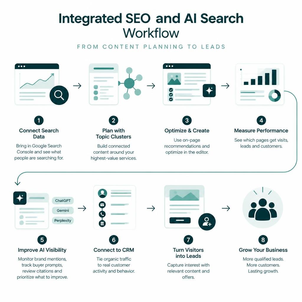 Integrated SEO and AI search workflow from content planning to leads infographic Integrated SEO and AI search workflow from content planning to leads infographic