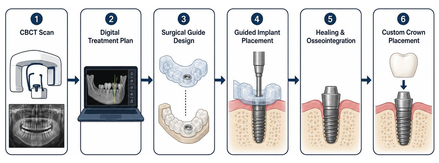 Digital workflow of guided dental implant surgery from CBCT scan to custom crown placement