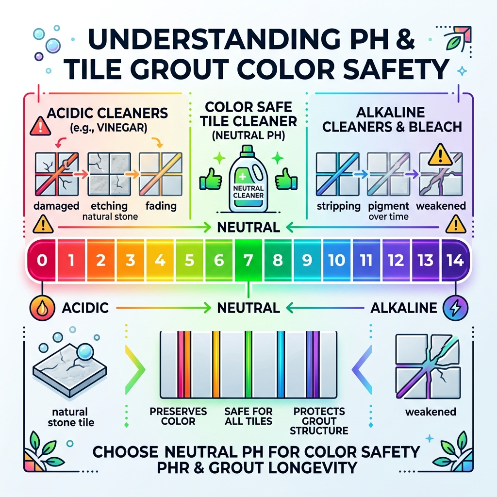 Infographic showing pH scale impact on tile grout color safety from acidic to alkaline - color safe tile cleaner infographic Infographic showing pH scale impact on tile grout color safety from acidic to alkaline - color safe tile cleaner infographic
