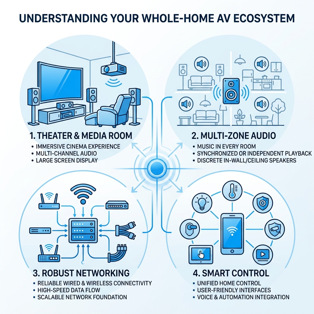 Components of a whole-home AV ecosystem including theater, audio zones, networking, and smart control - residential audio
