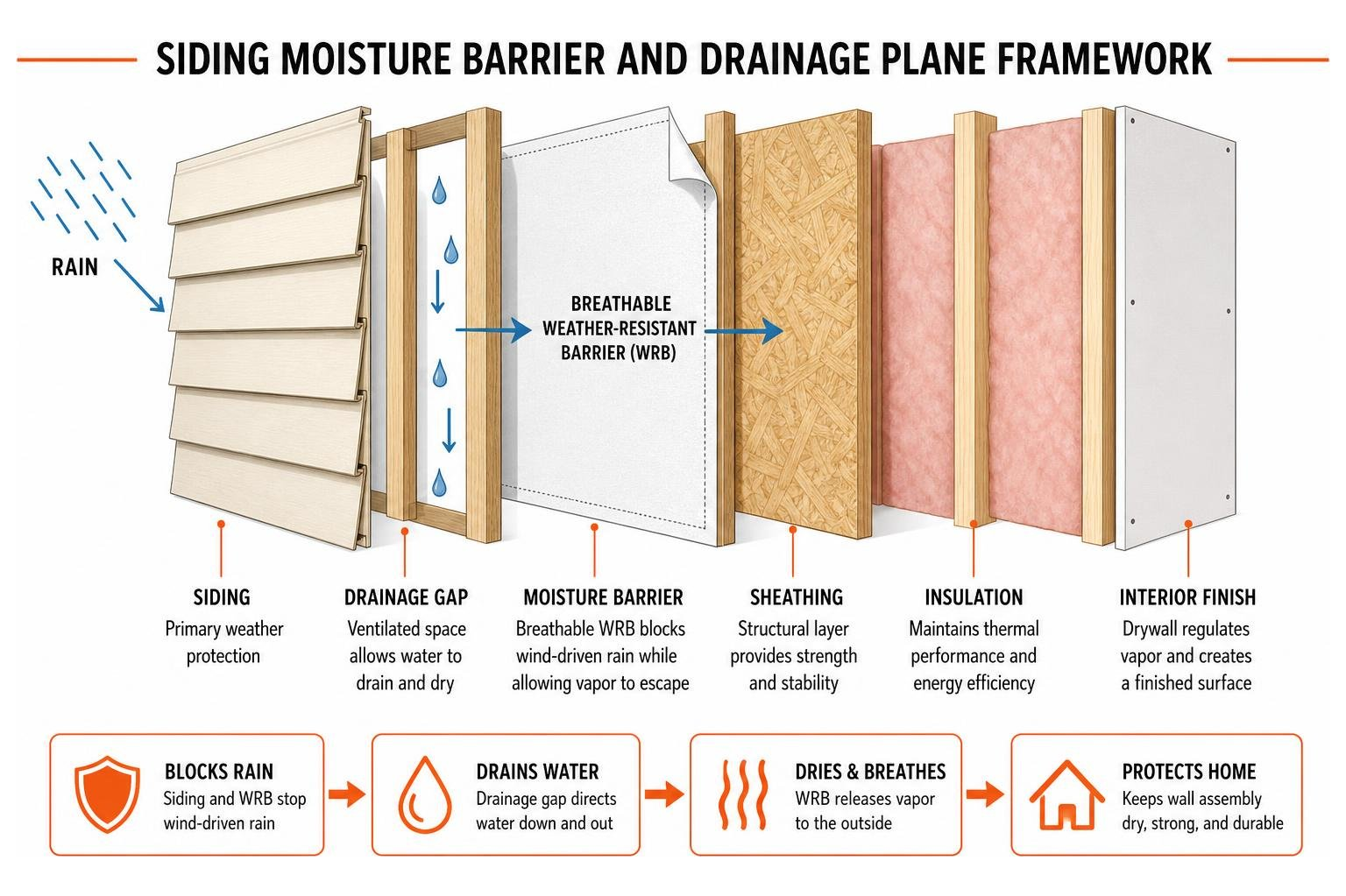 Siding moisture barrier and drainage plane framework