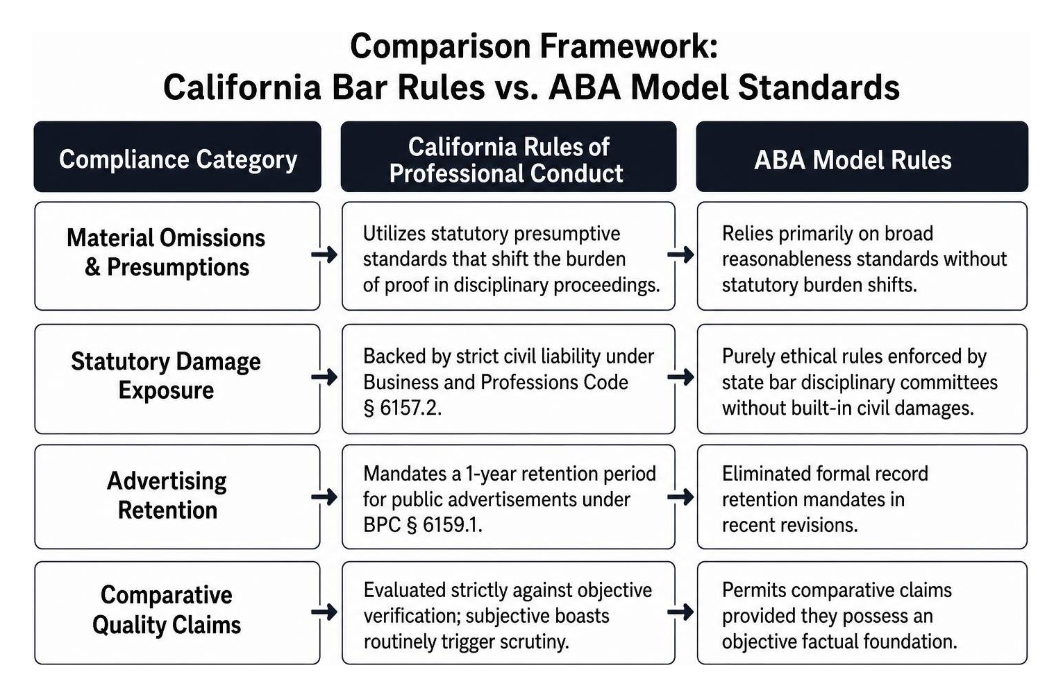 Comparison framework of California Bar rules versus ABA model standards