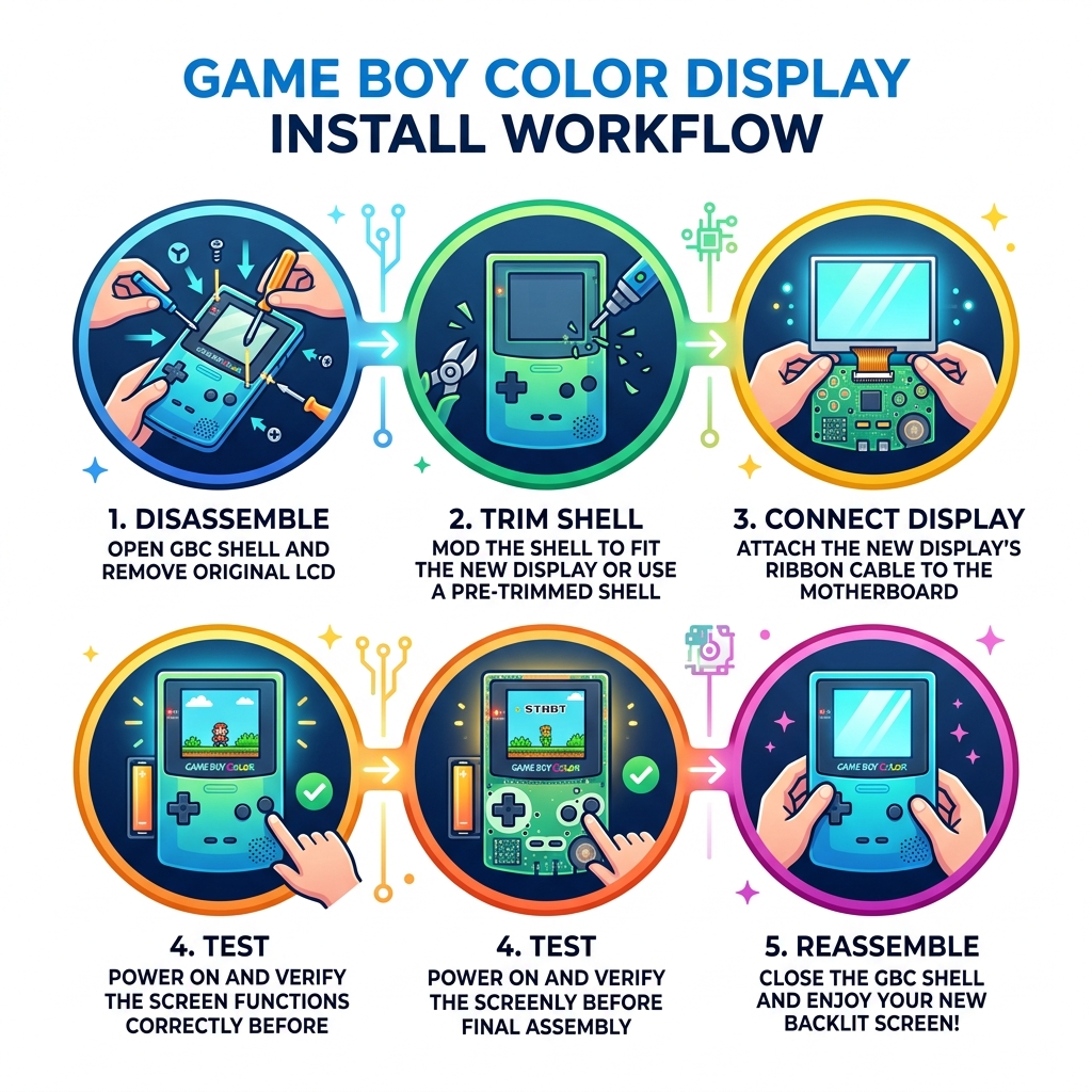 GBC display install workflow infographic: disassemble, trim shell, connect display, test, reassemble - Game Boy Color
