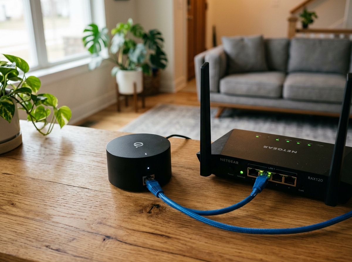 Smart hub connected to a home router via Ethernet cable - easy home automation setup