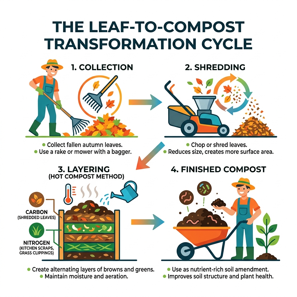 Leaf-to-compost transformation cycle showing collection, shredding, layering, and finished compost - fall leaves compost Leaf-to-compost transformation cycle showing collection, shredding, layering, and finished compost - fall leaves compost