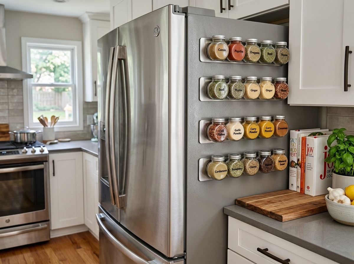 Magnetic spice rack attached to the side of a stainless steel refrigerator - hanging shelves without putting holes in the
