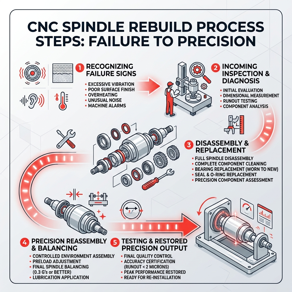 CNC SPINDLE REBUILD PROCESS STEPS FROM FAILURE SIGNS TO RESTORED PRECISION OUTPUT INFOGRAPHIC - CNC SPINDLE REBUILD