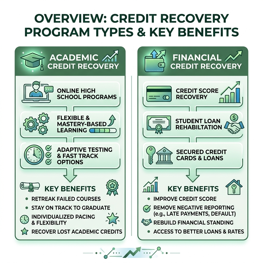 overview infographic of academic and financial credit recovery program types and key benefits - best credit recovery