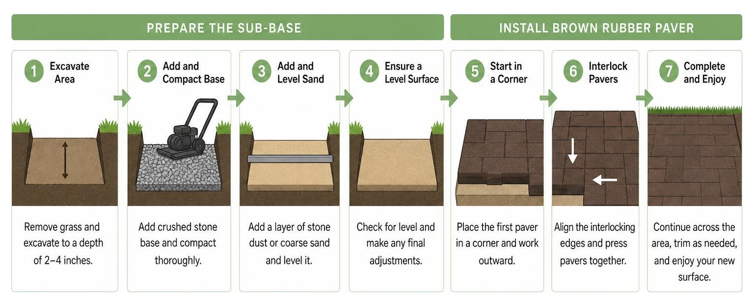 Step-by-step process of preparing the sub-base and installing a brown rubber paver