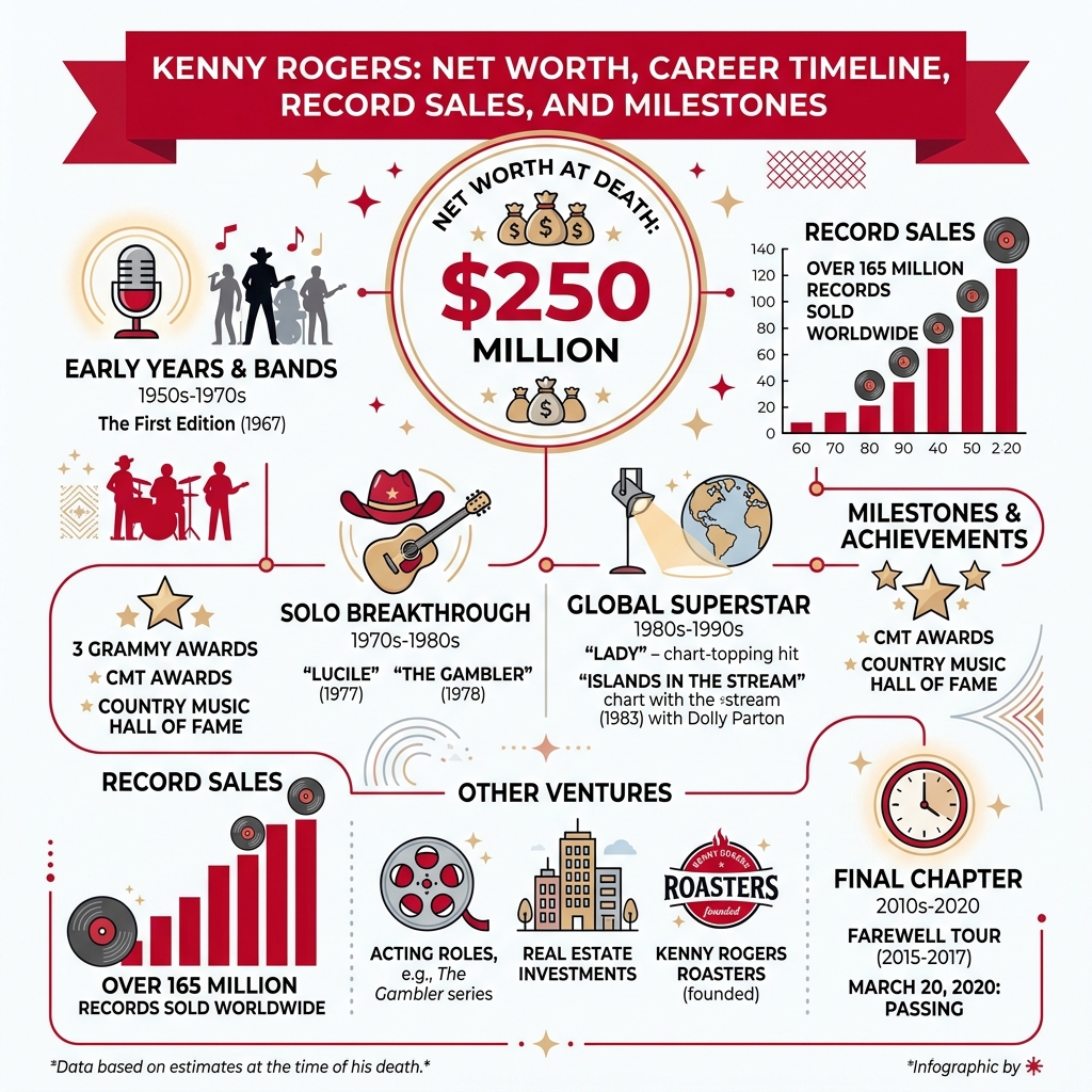Kenny Rogers net worth career timeline record sales and milestones infographic - kenny rogers net worth infographic 