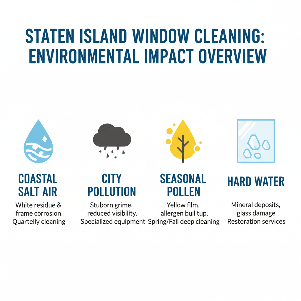 Staten Island Window Cleaning: Environmental Impact Overview - Coastal salt air causes white residue and frame corrosion requiring quarterly cleaning; City pollution creates stubborn grime reducing visibility and requiring specialized exterior equipment; Seasonal pollen leaves yellow film and allergen buildup needing spring and fall deep cleaning; Hard water creates mineral deposits damaging glass over time requiring restoration services - window cleaning staten island infographic Staten Island Window Cleaning: Environmental Impact Overview - Coastal salt air causes white residue and frame corrosion requiring quarterly cleaning; City pollution creates stubborn grime reducing visibility and requiring specialized exterior equipment; Seasonal pollen leaves yellow film and allergen buildup needing spring and fall deep cleaning; Hard water creates mineral deposits damaging glass over time requiring restoration services - window cleaning staten island infographic