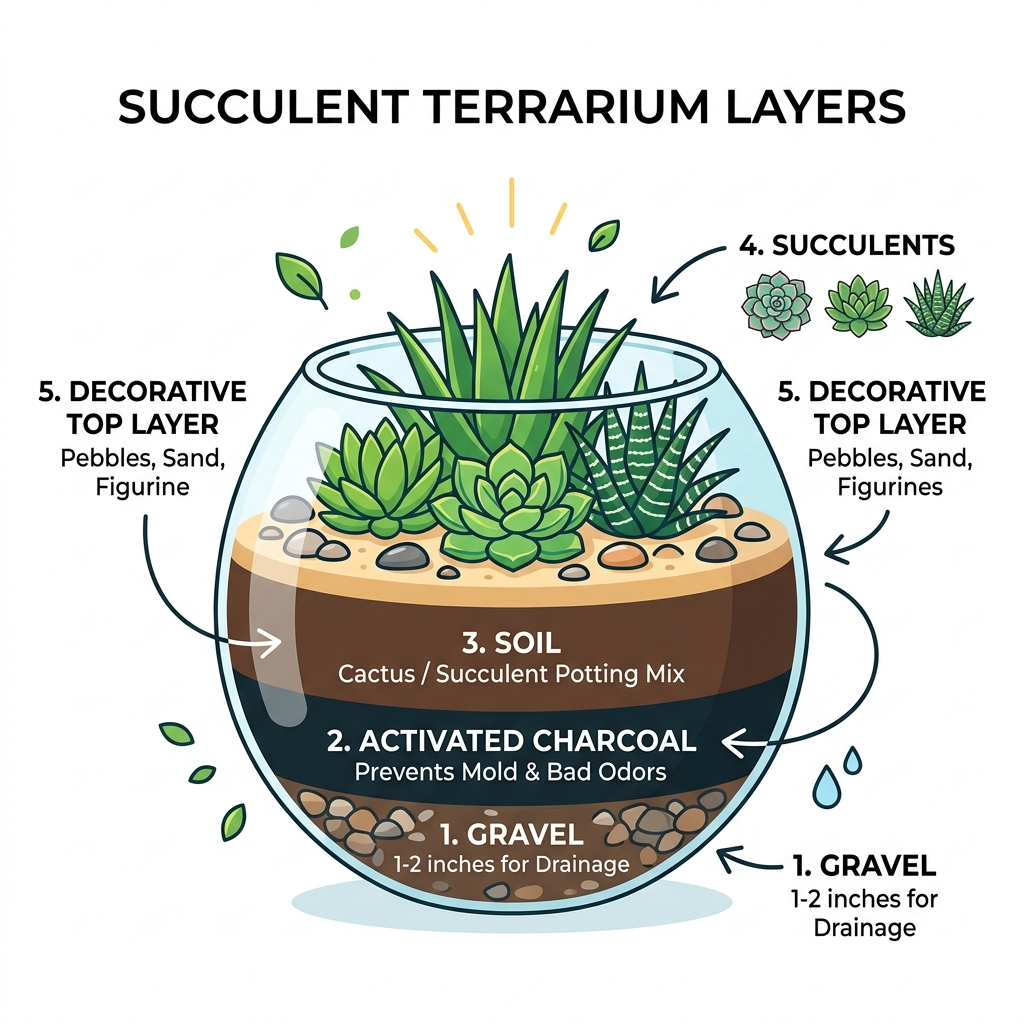Infographic showing succulent terrarium layers: gravel, charcoal, soil, succulents, decorative top layer - make a succulent