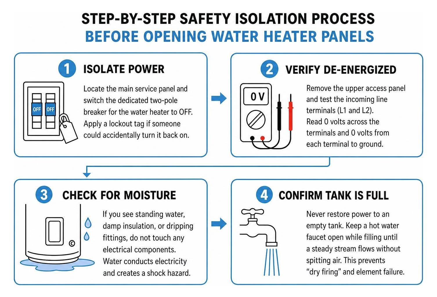 Step by step safety isolation process before opening water heater panels Step by step safety isolation process before opening water heater panels