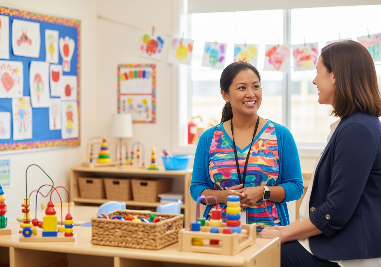 parent and teacher talking - bilingual spanish preschool