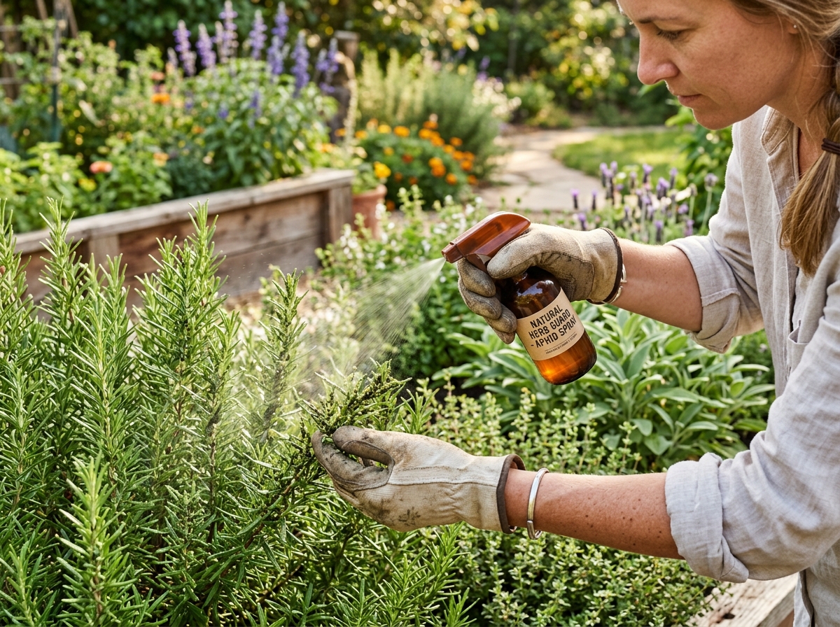 gardener applying natural spray to a cluster of aromatic herbs - natural remedies for aphids