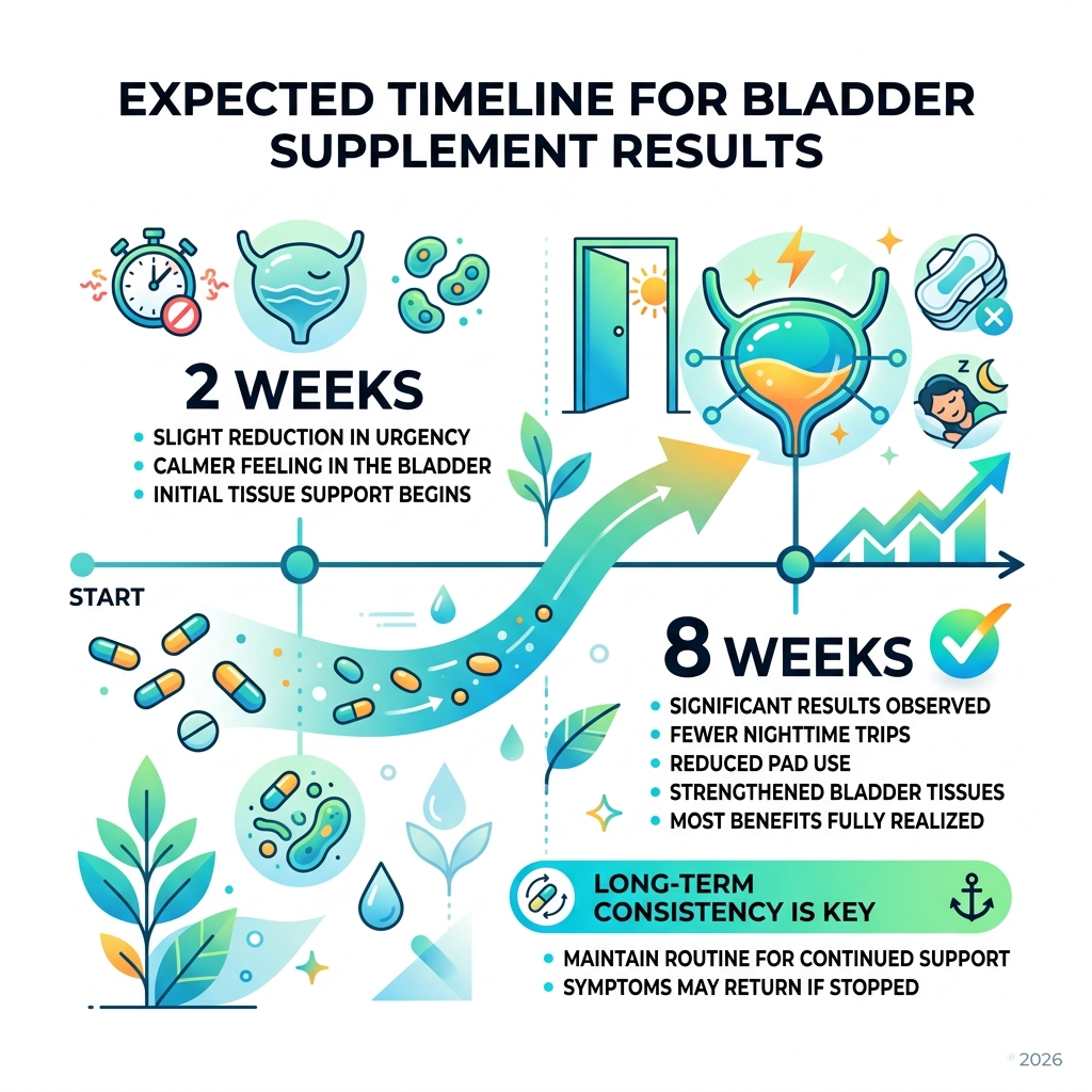 Infographic showing the timeline of supplement results from 2 weeks to 8 weeks - supplements for bladder health infographic 