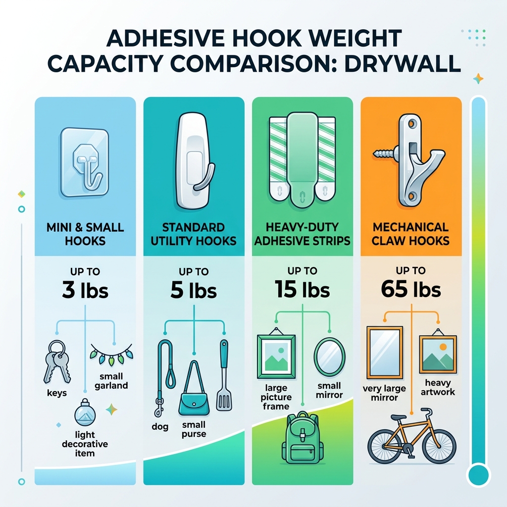 Weight capacity comparison infographic for different adhesive hook types on drywall - adhesive hooks for drywall infographic 