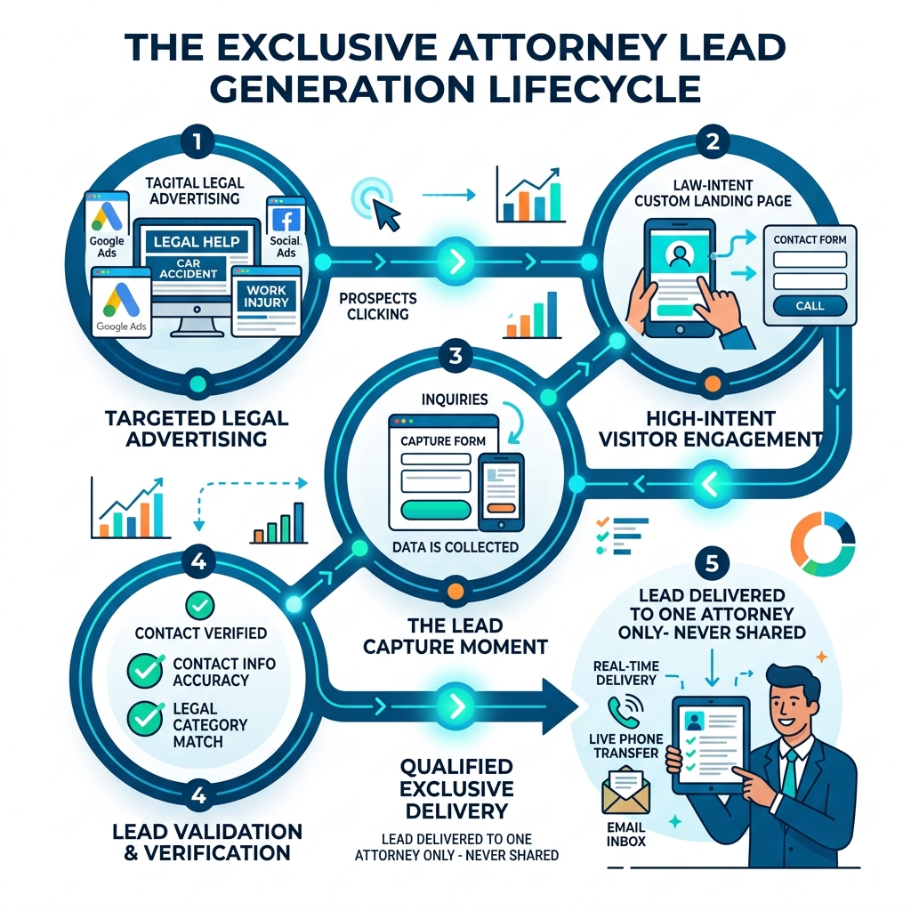 Infographic showing the exclusive attorney lead generation lifecycle from ad to qualified lead delivery - Exclusive attorney Infographic illustrating the exclusive attorney lead generation lifecycle, featuring steps like targeted legal advertising, high-intent visitor engagement, inquiries through capture forms, lead validation, and exclusive delivery to one attorney, emphasizing the process of acquiring qualified legal leads.