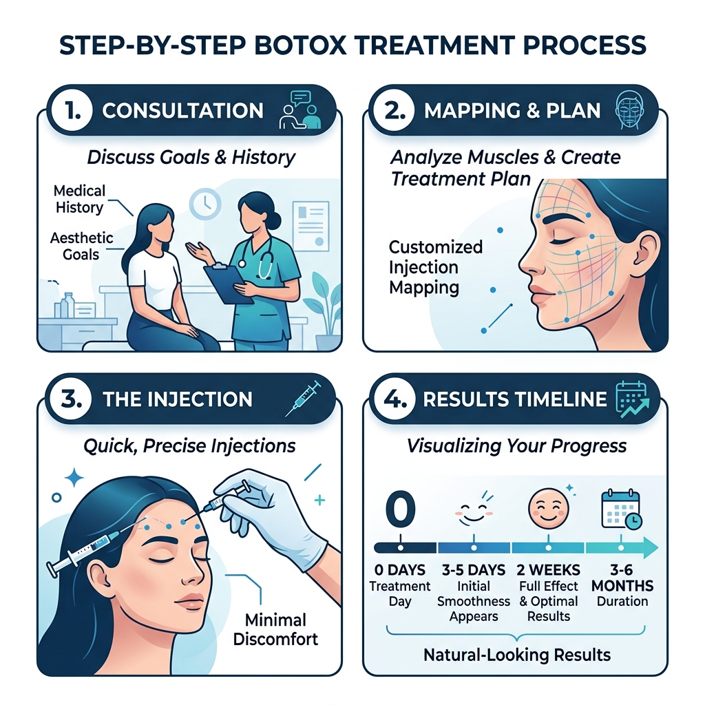Step-by-step Botox treatment process infographic: consultation, mapping, injection, results timeline - botox ashburn va