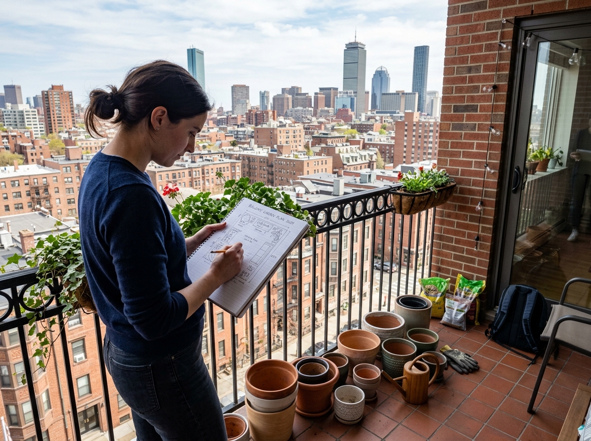 person sketching a balcony layout - urban balcony gardening guide