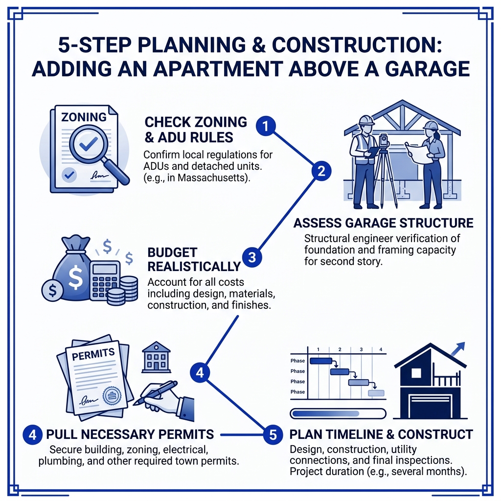 5-step planning and construction process for adding an apartment above a garage - add apartment above garage infographic 5-step planning and construction process for adding an apartment above a garage - add apartment above garage infographic