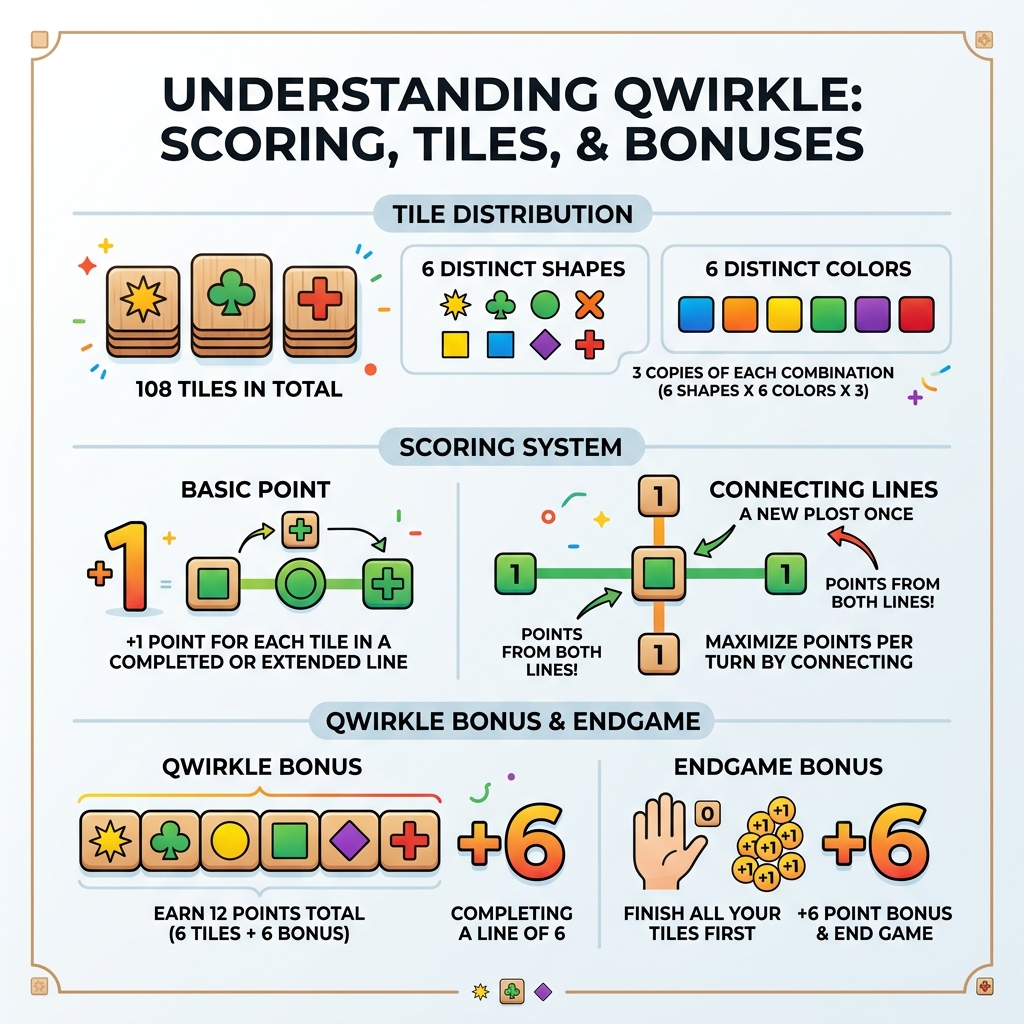 Qwirkle scoring system, tile distribution, and Qwirkle bonus explained - qwirkle strategy guide infographic 