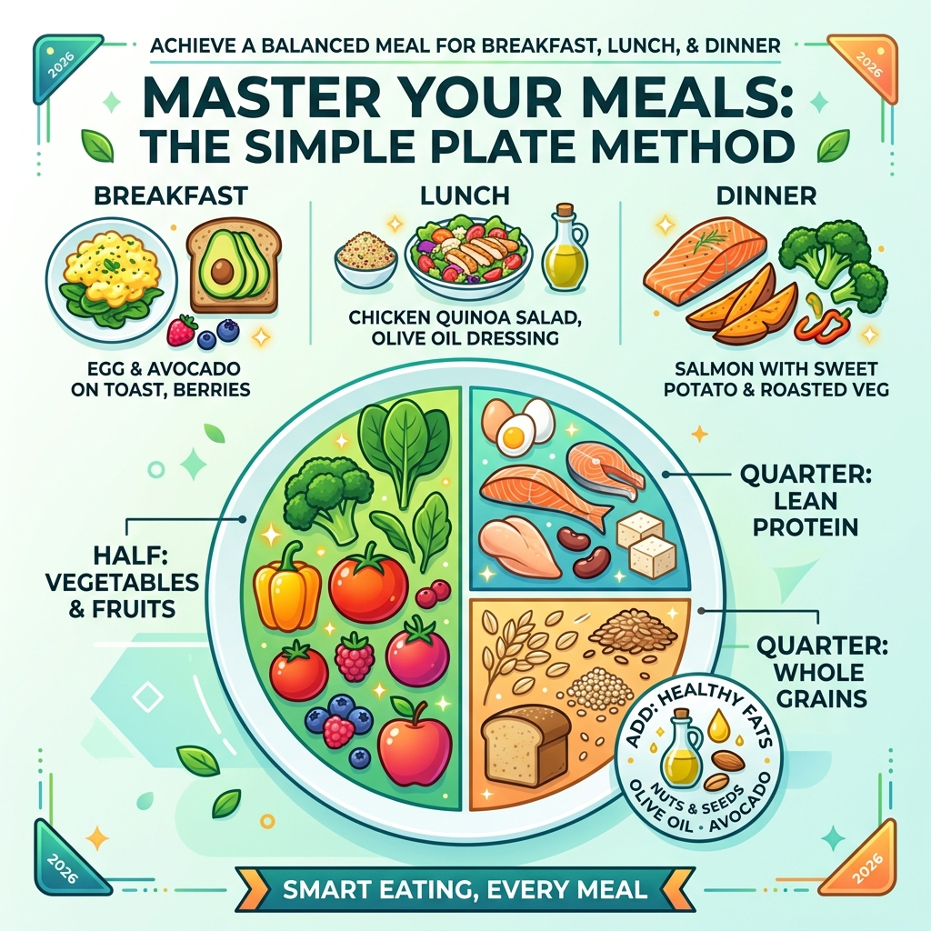 Plate Method showing half vegetables, quarter protein, quarter whole grains with healthy fat - balanced meal for breakfast