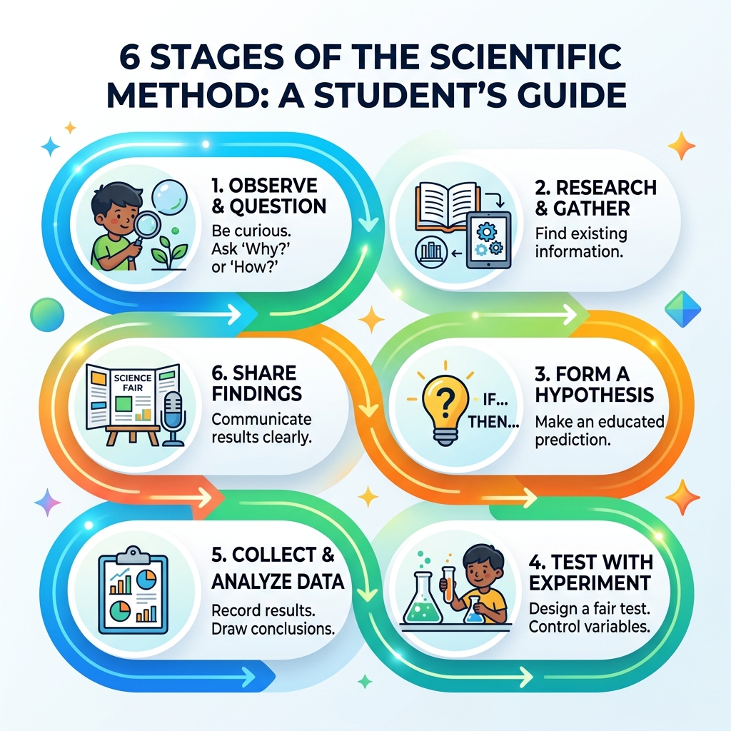 6 stages of the scientific method infographic for students - science project step by step infographic 