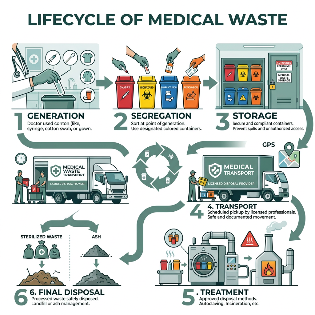 Lifecycle of medical waste from generation through segregation, storage, transport, treatment, and final disposal - medical Lifecycle of medical waste from generation through segregation, storage, transport, treatment, and final disposal - medical