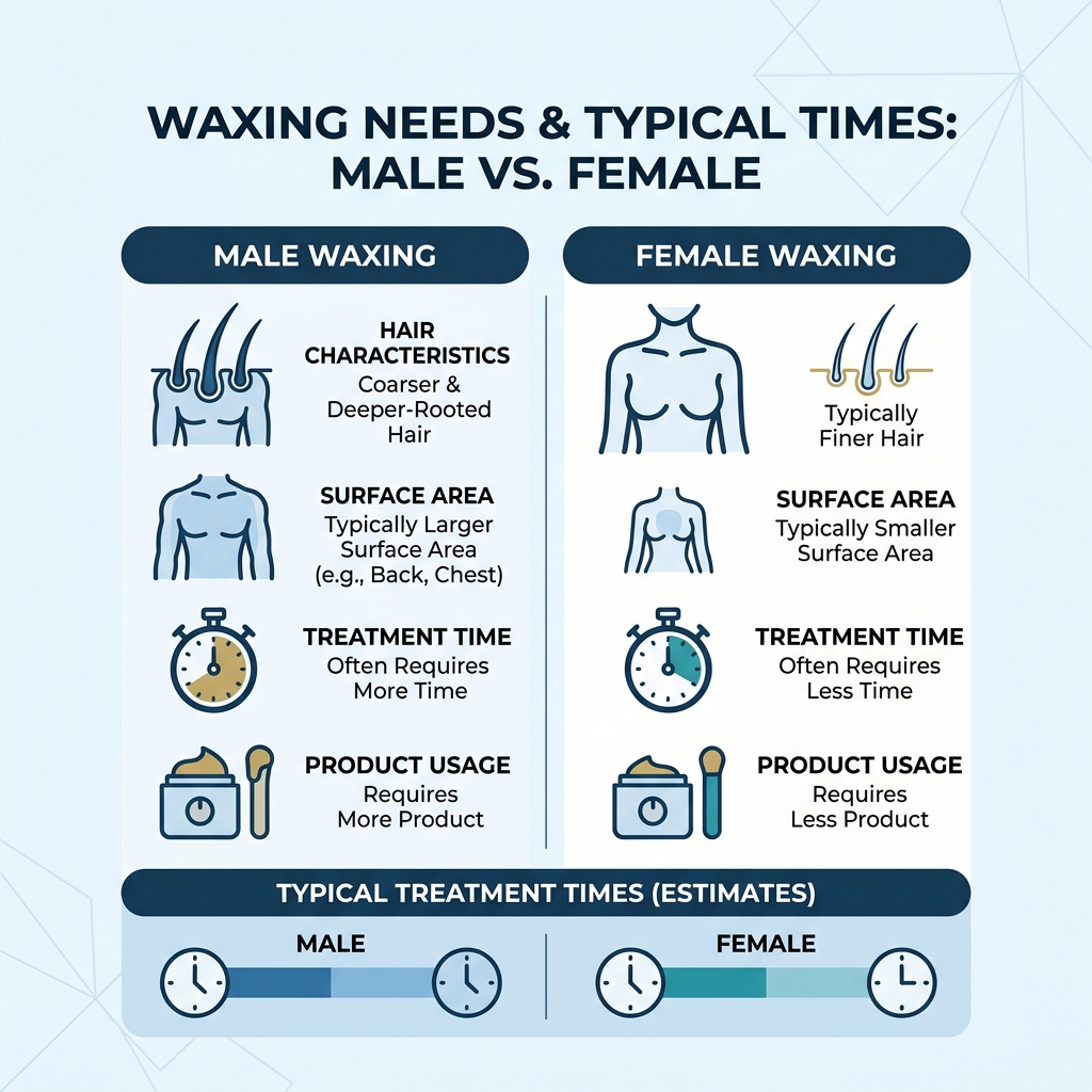 Comparison infographic showing the differences between male and female waxing needs and typical treatment times Comparison infographic showing the differences between male and female waxing needs and typical treatment times