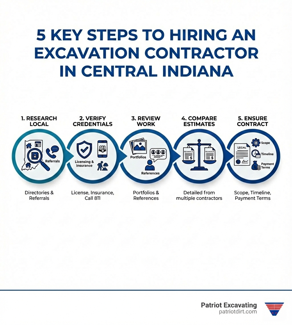 Infographic showing 5 key steps to hiring an excavation contractor in Central Indiana: 1. Research local contractors through directories and referrals, 2. Verify licensing, insurance, and call 811 before digging, 3. Review portfolios and check references, 4. Compare detailed estimates from multiple contractors, 5. Ensure contract includes scope, timeline, and payment terms - find excavation contractors infographic Infographic showing 5 key steps to hiring an excavation contractor in Central Indiana: 1. Research local contractors through directories and referrals, 2. Verify licensing, insurance, and call 811 before digging, 3. Review portfolios and check references, 4. Compare detailed estimates from multiple contractors, 5. Ensure contract includes scope, timeline, and payment terms - find excavation contractors infographic